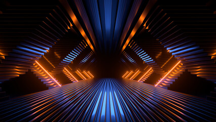 Wall Mural - Sci Fi neon glowing lines in a dark tunnel. Reflections on the floor and ceiling. Empty background in the center. 3d rendering image. Abstract glowing lines. Technology futuristic background.