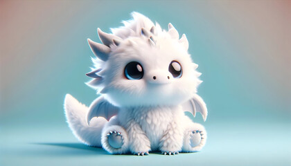 Super cute white baby dragon. Cartoon fluffy dragon character. Funny Fantasy monster. Isolated on a plain blue background. Children's books, fairy-tale hero. AI illustration for children. Copy space