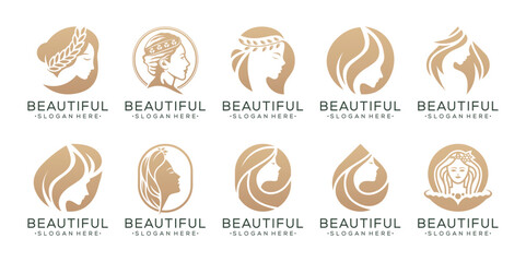 Wall Mural - Set of luxury beauty woman logo design for makeup, salon and spa, beauty care