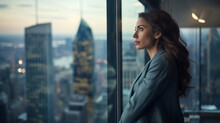 Professional Business Woman Looking Through Window Of Her Office Skyscraper Looking At Bustling Modern City Thinking At Her Work