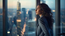 Professional Business Woman Looking Through Window Of Her Office Skyscraper Looking At Bustling Modern City Thinking At Her Work