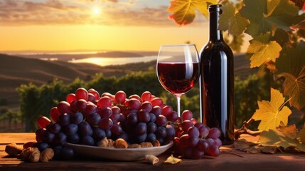 wine bottle, a modern wine glass, and luscious clusters grapes on Surrounded 