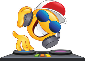 Poster - Happy DJ emoji emoticon with headphones and sunglasses, playing and mixing electronic music on the turntables deck