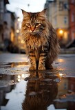 Fototapeta Uliczki - Majestic tabby cat standing over reflective city waters