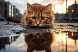 Fototapeta Uliczki - Tabby cat's reflection on a puddle at sunset