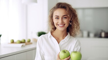 Young Attractive Joyful Woman With Green Apple Smile On Kitchen Background. Nutritionist, Vegetarianism, Healthy Eating. The Benefits Of Fruit For Breakfast.