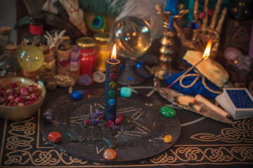 Wall Mural - Astrology, esotericism concept. Stuff on a table, mystical atmosphere. Future prediction 