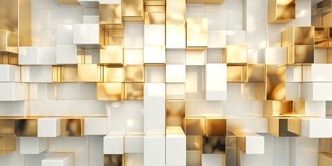 Background wall of abstract block squares white and gold design, light silver metal squares with gold, intersecting planes, 3D