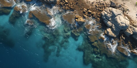 Wall Mural - Aerial view of sea and rocks ocean blue waves crash to shore