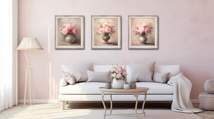 Wall Mural - Three paintings of pink roses in a vase on a wall with a white background and a beige background with a white border