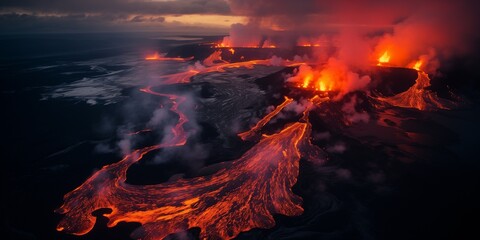 Wall Mural - top down flat view to dramatic volcanic landscape