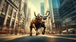 One Bull walking along ascending stock market arrow, on a blurred cityscape background. 