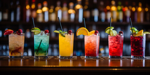 Lots of colorful cocktails in a row on the bar counter of a nightclub or restaurant.