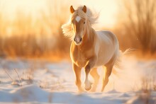 A Horse Running Through The Snow At Sunset.
