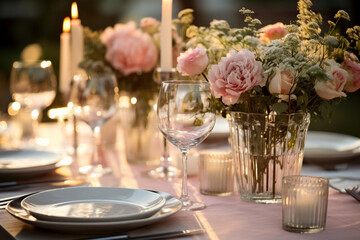 Crockery, glasses, candles on a table set for a banquet.