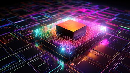 Wall Mural - 3D illustration of a CPU chip on a circuit board with glowing neon lights representing data processing and technology concepts.