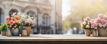 Beautiful Blooms In Rustic Pots On A Table With A Sunny Paris Street In Soft Focus, Banner, Design Template, Travel And Lifestyle
