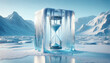 concept of 'ice freeze, time stop', with a frozen hourglass set against a snowy, icy background at the North Pole.