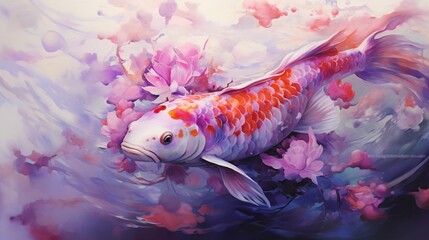 Wall Mural - An enchanting moment captured as a koi fish with iridescent purple and pink scales swims peacefully in a pure white environment.
