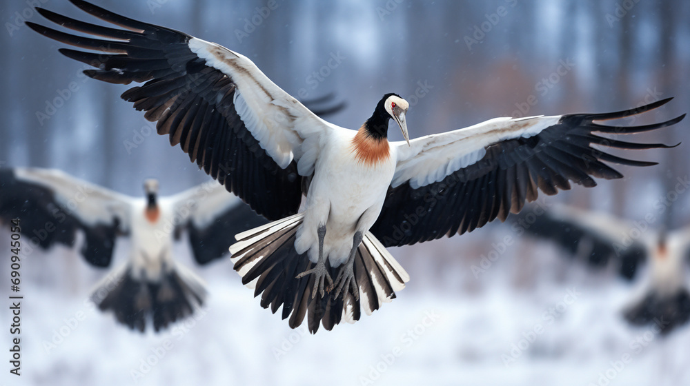 Red-Crowned Crane Family Flight: A family of red-crowned cranes in ...