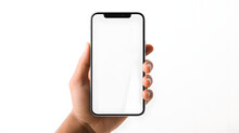 Hand Holding Mobile Cell Phone With Blank Screen For Mockup Design Prototype Isolated On A White Background