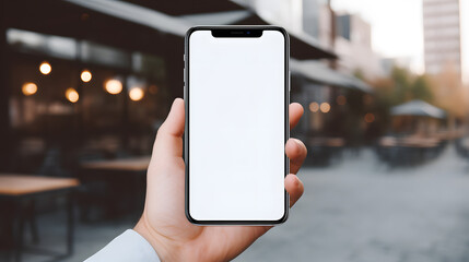 Hand holding mobile cell phone with blank screen for mockup design