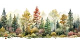 Fototapeta Las - Watercolor nature forest with a seamless pattern landscape, isolated on a white background. Trees, branches, flowers.