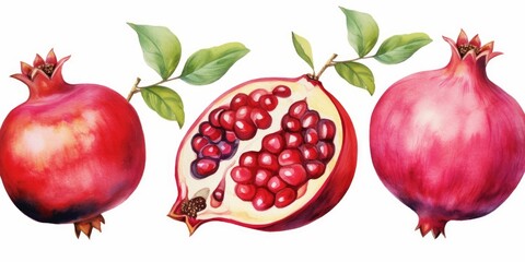 Wall Mural - Set pomegranates on a white background. Hand drawn watercolor illustration, Generative AI