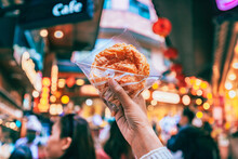 Cream Puff Cake On Travel Woman Hand In Jiufen Old Street Market
