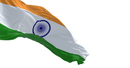 Wall Mural - National flag of India waving on a clear day. Tricolor of saffron, white and green with a blue Ashoka Chakra in the center. 3d illustration render.. Transparent png. Selective focus