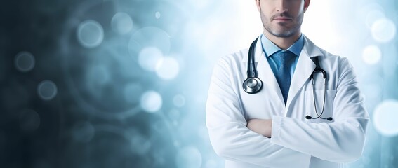 Medical professional standing before a blurry background, white and blue style, poster with metallic rotation, panoramic scale, shaped canvas, petcore, soft-focus