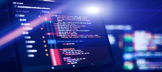 Running Computer data programming. Coding script text on screen.