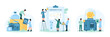 © Flash Vector - Evacuation preparedness in SOS cases of natural disaster and accident set vector illustration. Cartoon tiny people notice about safe exit from building, pack emergency survival kit, save money