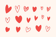 Heart Doodles Set. Hand Drawn, Cute Romance Or Love Illustrations In Caroon, Retro Or Vintage Style. Valentine's Day Red Scribble Hearts (Full Vector)