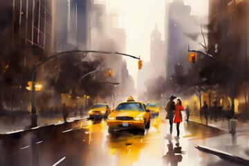 oil painting on canvas, street view of New York, man and woman, yellow taxi,  modern Artwork,  watercolor illustration New York, Generative AI