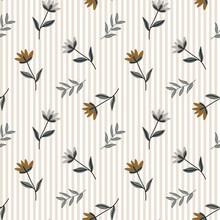 Seamless Pattern, Small Flowers And Scattered Leaves On A Striped Background. Floral Rustic Background, Print, Textile, Wallpaper, Vector