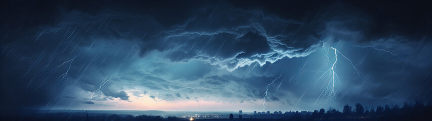 Wall Mural - A lightning striking a city in the beautiful rainy night sky, mysterious banner background