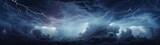Fototapeta  - A lightning striking in the night sky with dark and mysterious looking clouds, with light in the distance, banner