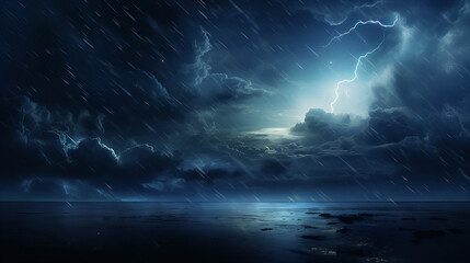 Wall Mural - lighting striking in the beautiful rainy night sky over the ocean