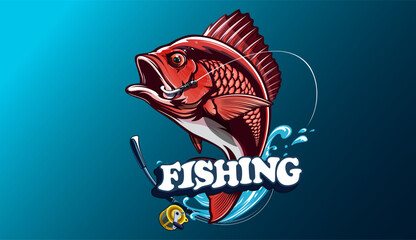 Wall Mural - Red snapper isolated vector illustration. Fishing logo of red snapper. Fishing emlem for company or sport club. Marine theme background. NOT AI.