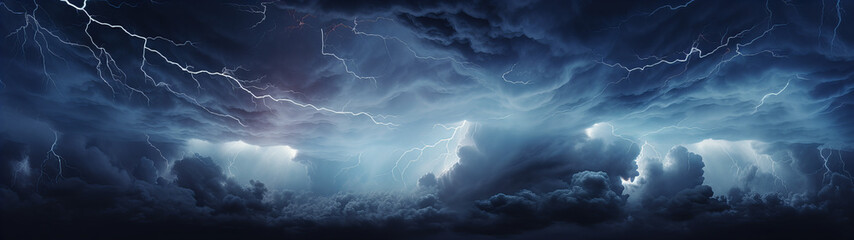 Wall Mural - A lightning striking in the night sky with dark and mysterious looking clouds, with light in the distance, banner