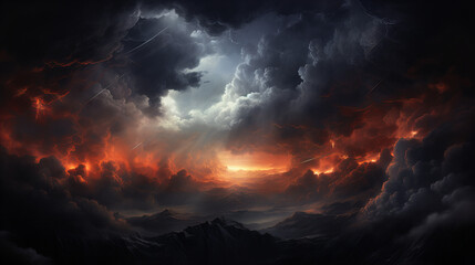 Wall Mural - A landscape with dark and mysterious looking clouds and mountains in the night sky, beautiful sunset