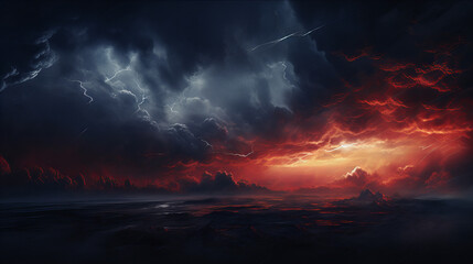 Wall Mural -  sunset with beautiful dark and mysterious clouds with lighting striking and rain with sunset, background