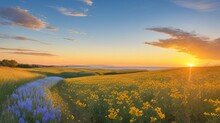 Sunrise Over Field Of Yellow And Purple Flowers With Ocean View