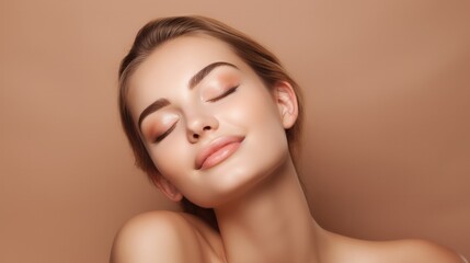 Wall Mural - skincare beauty model woman face with healthy skin and natural makeup, happy young adult girl with closed eyes on beige background, spa concept