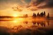 A vibrant sunrise over a serene lake with mist rising from the water, casting reflections of golden hues.