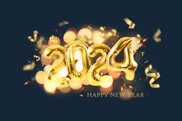 Wall Mural - Creative golden helium balloons 2024 New Year with yellow bokeh and confetti on a dark blue background. Happy new year card, concept