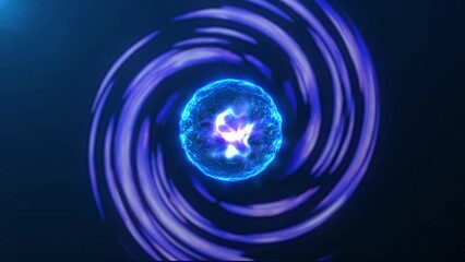 Wall Mural - Blue purple particle plasma sphere with glowing fractal rotating vortex, orb with energy liquid core and shiny magic field scientific futuristic hi-tech abstract background. 4k 60 fps seamless loop.