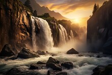 Waterfall Cascading Down A Rocky Cliff, With The Sun Setting Behind It, Casting A Golden Mist In The Air.