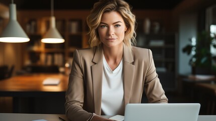 Poster - Casual shot of a businesswoman behind her laptop at her working desk looking at the camera.